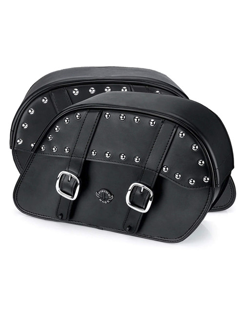 Viking Vital Large Leather Studded Motorcycle Saddlebags for Harley Softail Deluxe FLSTN/I Both Bags View