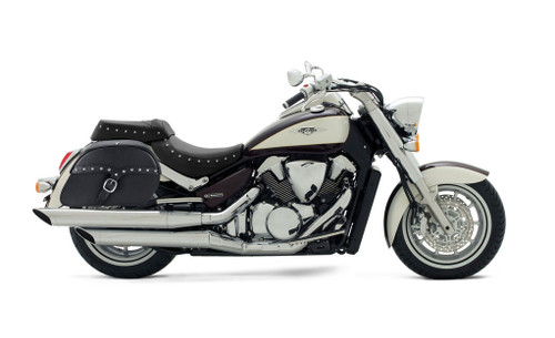 Viking Vintage Single Strap Large Suzuki Boulevard C109 Leather Studded Motorcycle Saddlebags Bag on Bike View