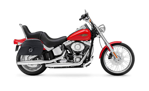 Viking Vintage Medium Leather Motorcycle Saddlebags For Harley Softail Custom FXSTC Bag on Bike View