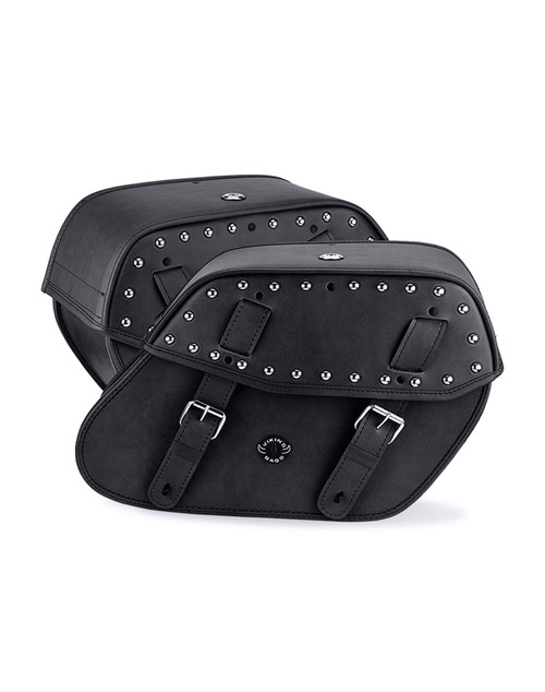 Viking Odin Large Studded Leather Motorcycle Saddlebags for Harley Softail Deluxe FLSTN/I Both Bags View