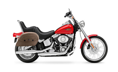 Viking Warrior Series Brown Large Motorcycle Saddlebags For Harley Softail Custom FXSTC Bag on Bike View