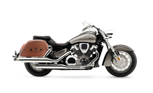 Honda VTX 1800 S Viking Warrior Series Brown Large Motorcycle Saddlebags Bag On Bike View