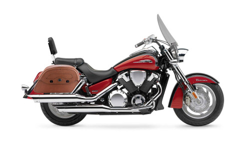 Honda VTX 1800 T Viking Warrior Series Brown Large Motorcycle Saddlebags Bag on Bike View