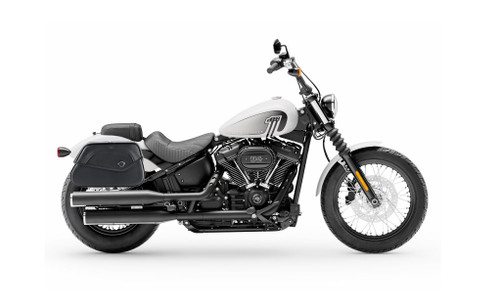 Viking Loki Plain Small Leather Motorcycle Saddlebags For Harley Softail Street Bob on Bike View
