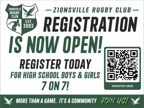 Zionsville Rugby Club Registration Is Now Open 18in x 24in Single Sided Yard Sign