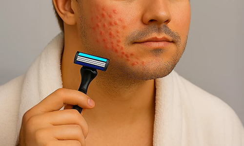 Razor shaving facial hair along the neck to help prevent razor burn and skin irritation