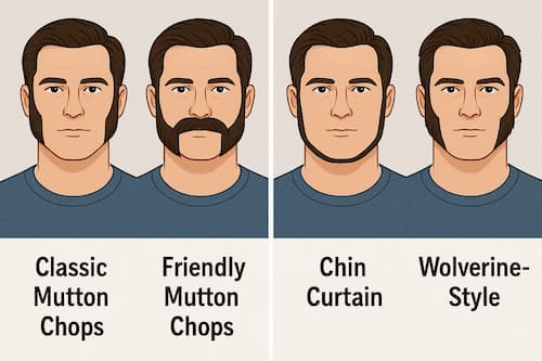 comparison showing classic mutton chops, friendly mutton chops beard with mustache, chin curtain, and a Wolverine-style variant