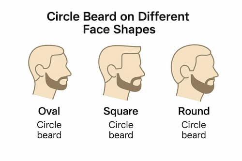 Illustration showing how a circle beard appears across oval, square, and round head shapes