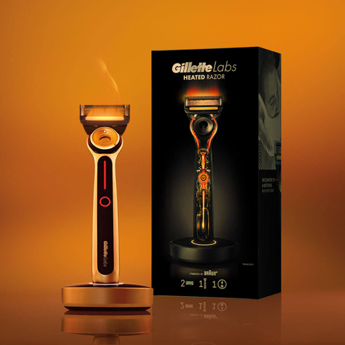 Heated Razor by GilletteLabs starter kit includes a razor handle, two blade cartridges, wireless magnetic doc, and a power connector Heated Razor by GilletteLabs starter kit includes a razor handle, two blade cartridges, wireless magnetic doc, and a power connector