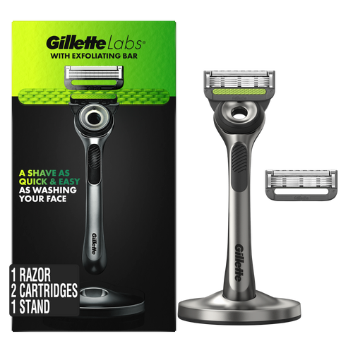 GilletteLabs Exfoliating Bar Razor set including the razor handle, travel case, magnetic stand, and 2 cartridge refills