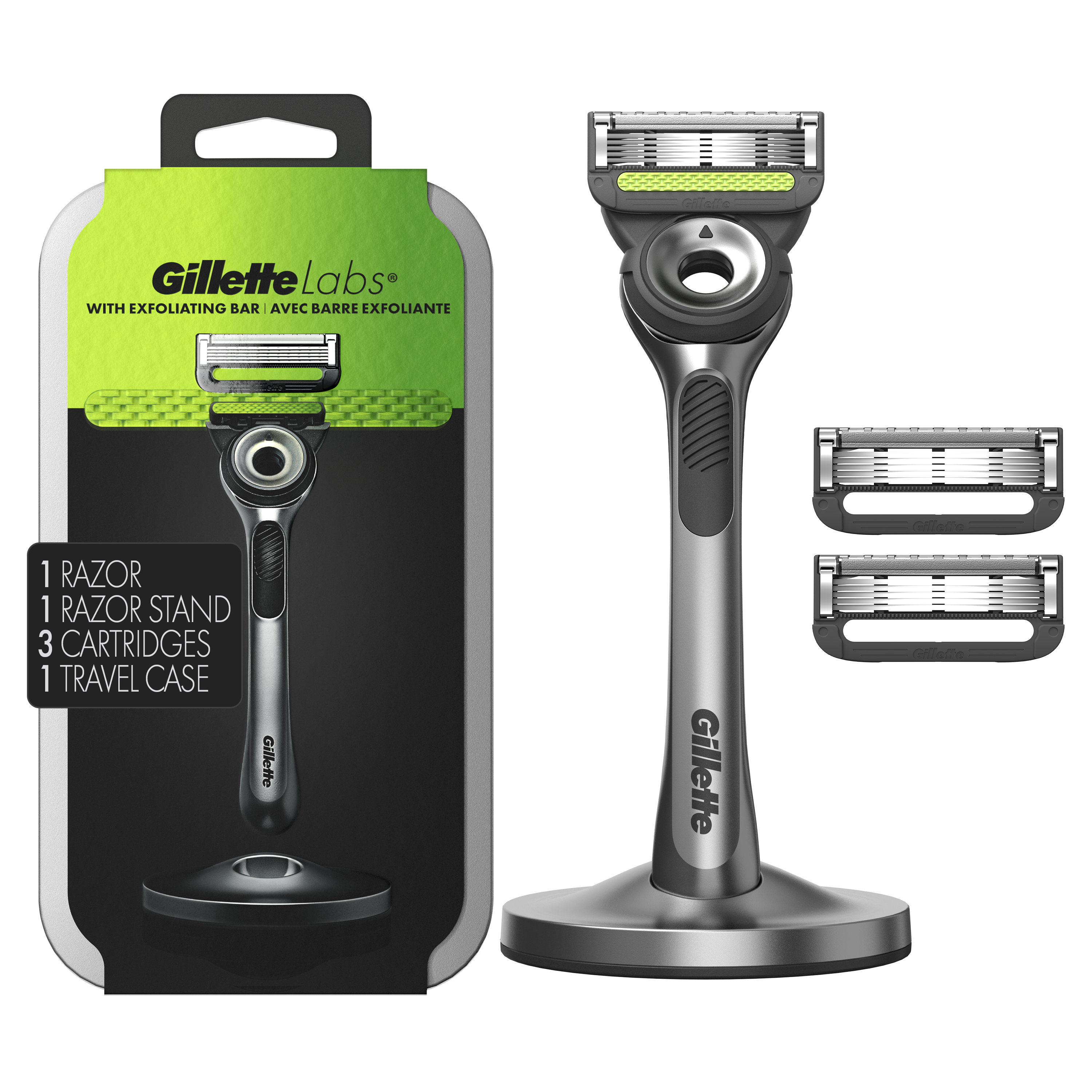GilletteLabs Exfoliating Bar Razor set including the razor handle, travel case, magnetic stand, and 3 cartridge refills