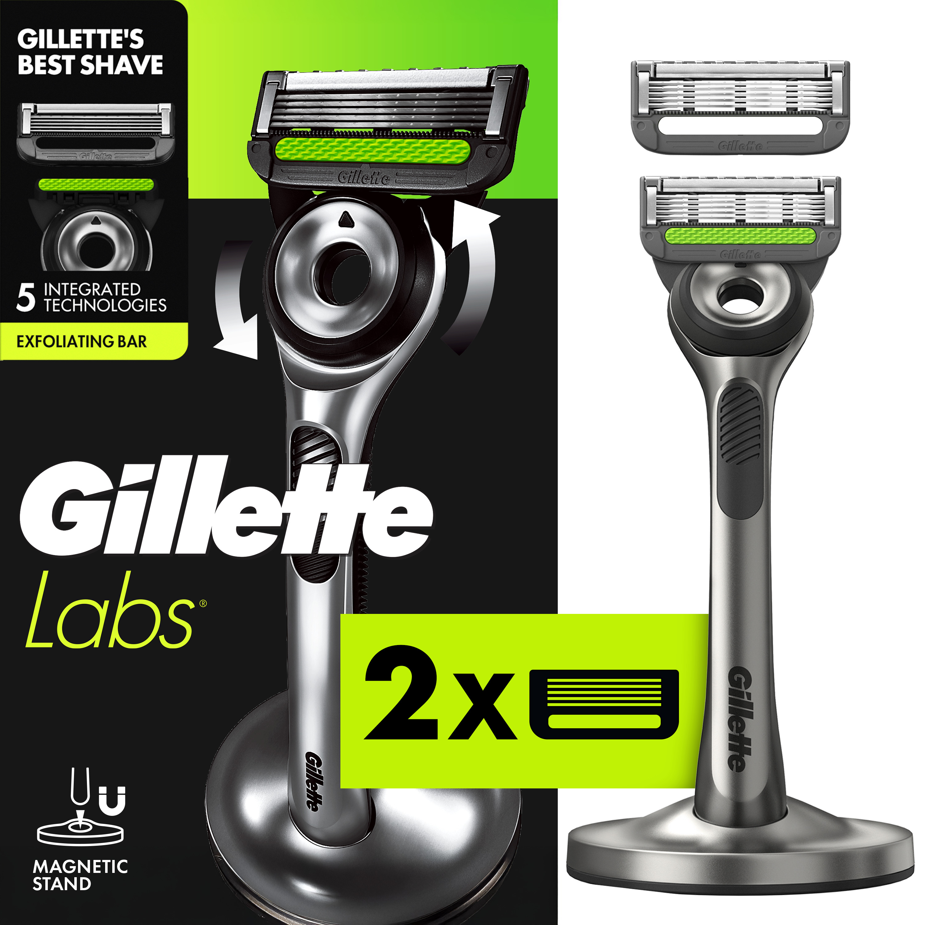 GilletteLabs Exfoliating Bar Razor set including the razor handle, travel case, magnetic stand, and 2 cartridge refills