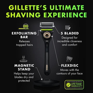 GilletteLabs Razor Black & Gold Edition set including the razor handle, 2 blade cartridge, and stand