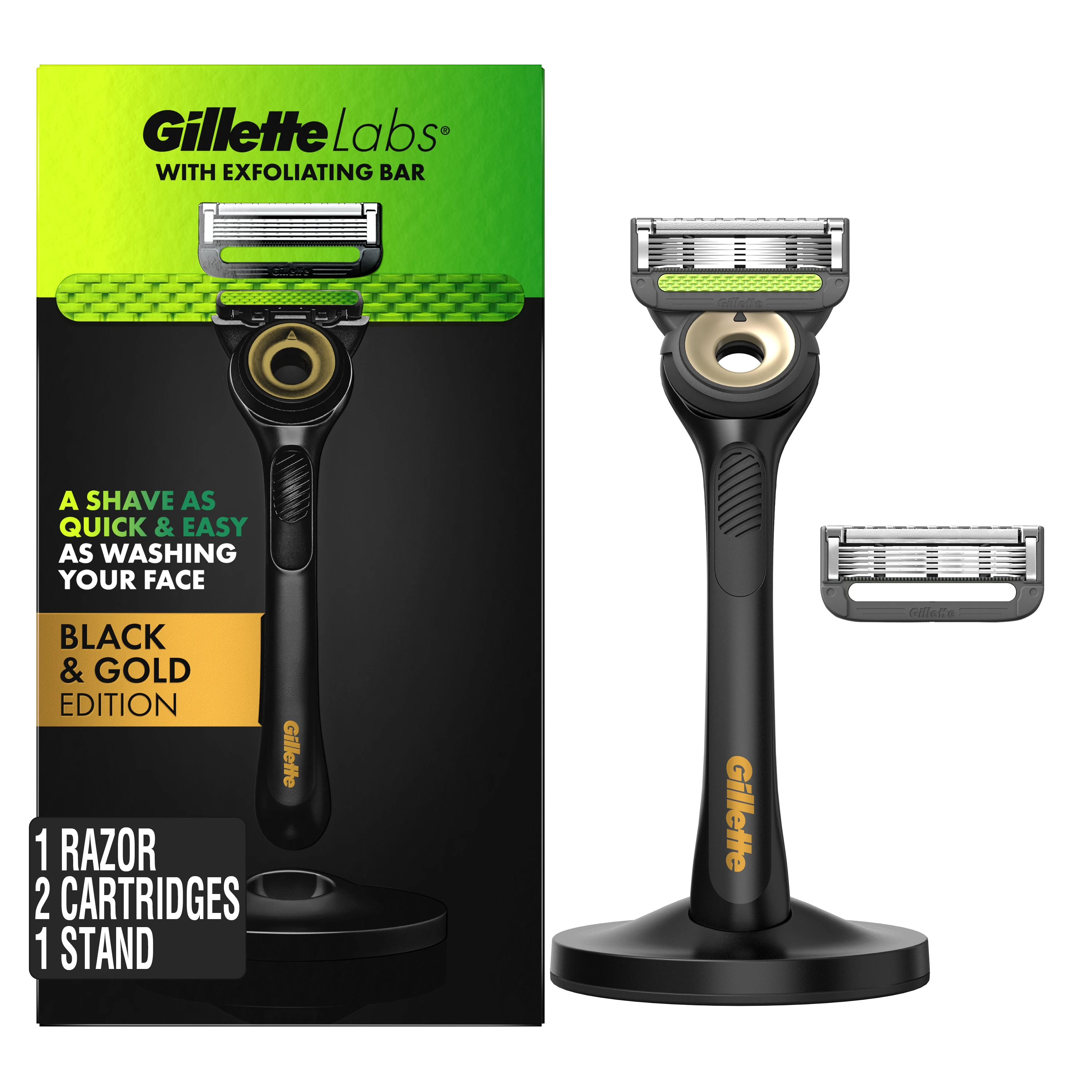 GilletteLabs Razor Black & Gold Edition set including the razor handle, 2 blade cartridge, and stand