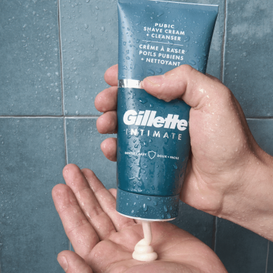 Applying a Gillette Intimate shave cream  to help prevent razor burn during pubic area shaving
