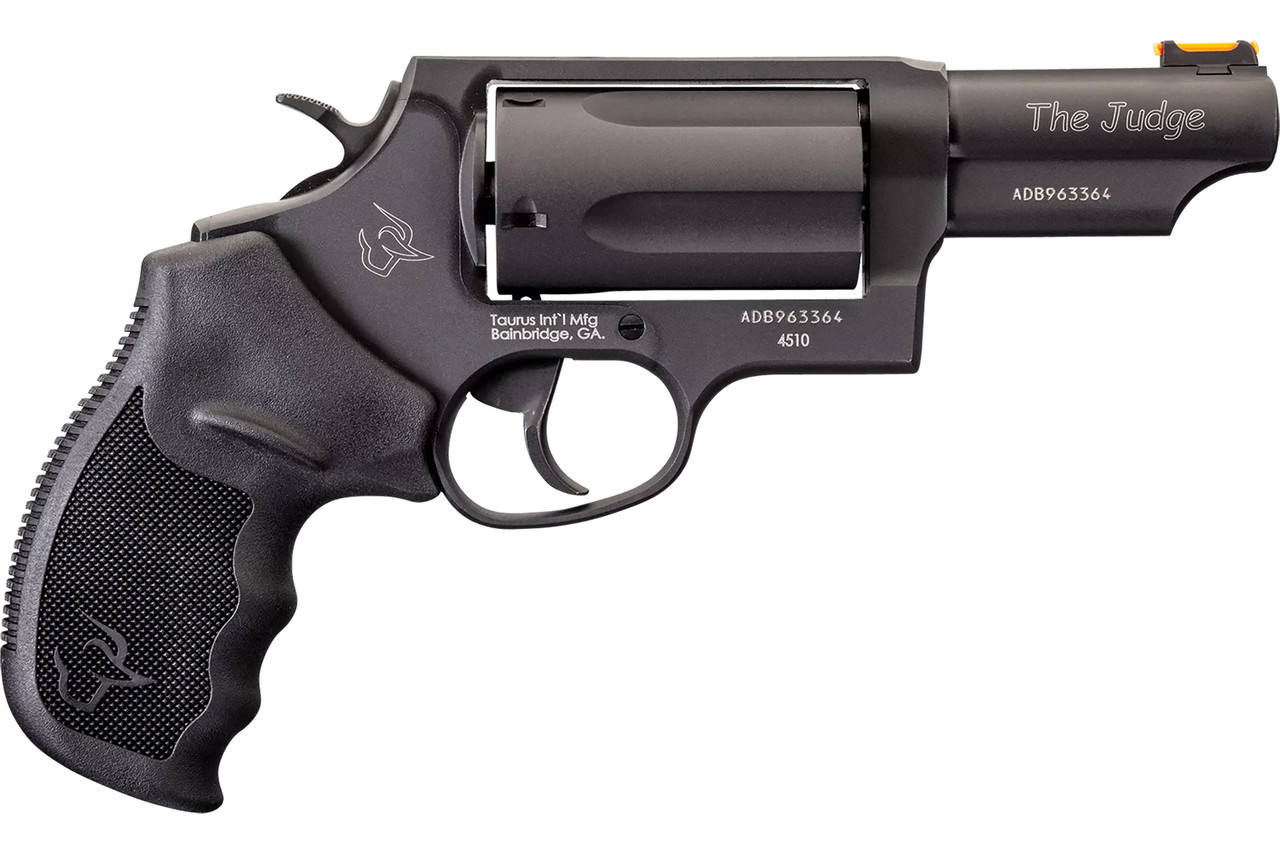 Taurus 2-441031T Judge Compact Frame 45 Colt (Long Colt) 410 Bore 5rd 3" Matte Black Oxide Steel Barrel, Cylinder & Frame, Fiber Optic Front Sight, Extended Ejector Rod, Black Rubber Grip, Transfer Bar Safety, Exposed Hammer
