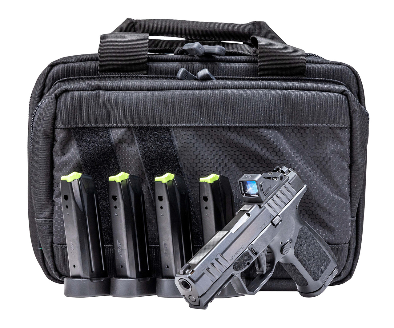 Rost Martin RM1CBLKOSPSPL RM1C Bundle Compact 9mm Luger 17+1 4" Black Match Grade Barrel, Black Nitron Steel Optic Ready/Serrated Slide, Black Polymer Frame w/Picatinny Rail, Textured Grip, Viridian RFX-11 Green Dot, Ambidextrous