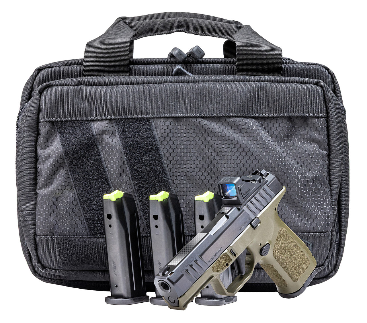 Rost Martin RM1CODGOSPSPL RM1C Bundle Compact 9mm Luger 17+1 4" Black Match Grade Barrel, Black Nitron Steel Serrated w/Optic Slide, OD Green Polymer Frame w/Picatinny Rail, Textured Grip, Viridian RFX-11 Green Dot, Ambidextrous