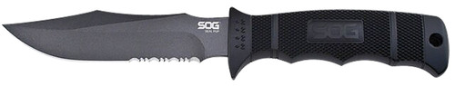 S.O.G SOG-M37N-CP Seal Pup 4.75" Fixed Clip Point Part Serrated Powder Coated AUS-8A SS Blade Black w/Raised Diamond Pattern GRN Handle Includes Lanyard/Sheath