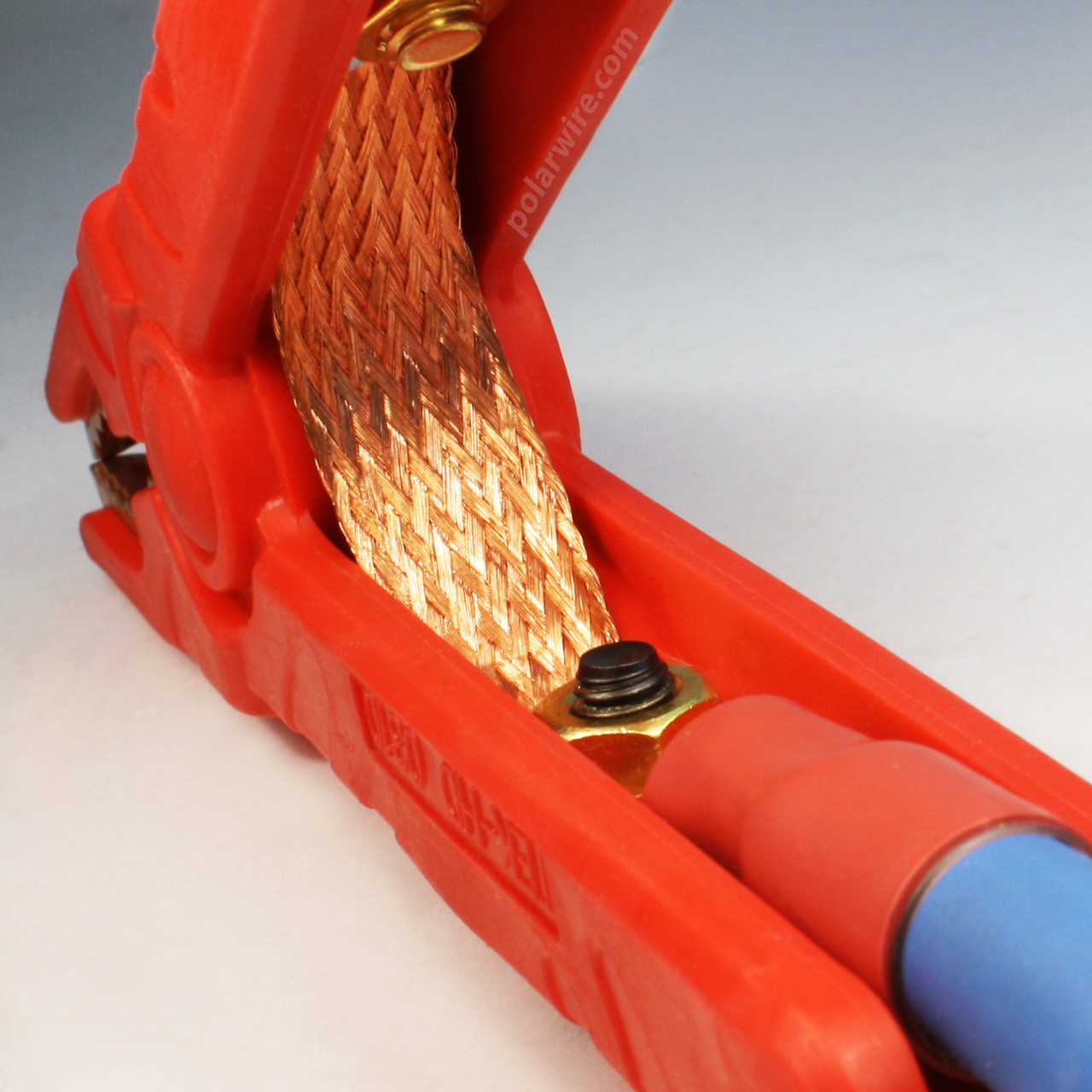 Braided copper bonding strap supplies continuous current to both jaws for highest amperage