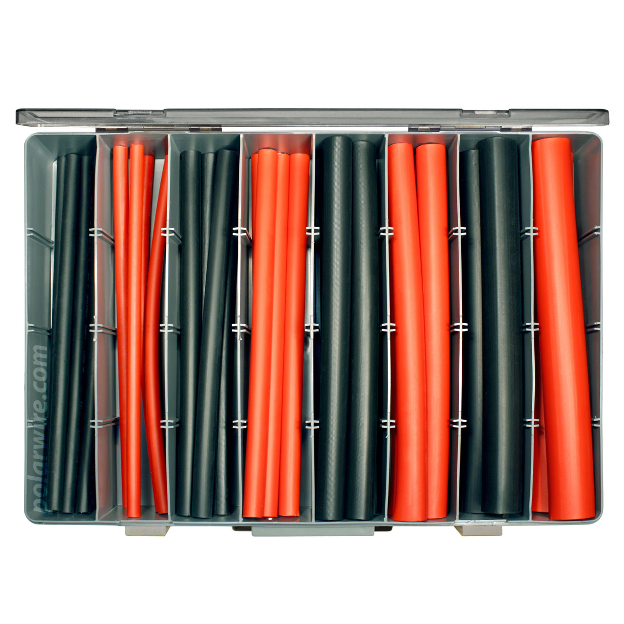 Refillable heat shrink kit includes 3/8, 1/2, 3/4 and 1 inch black and red adhesive lined heavy duty heat shrink tubing in 12 inch lengths, packed in a convenient drawer satchel storage case