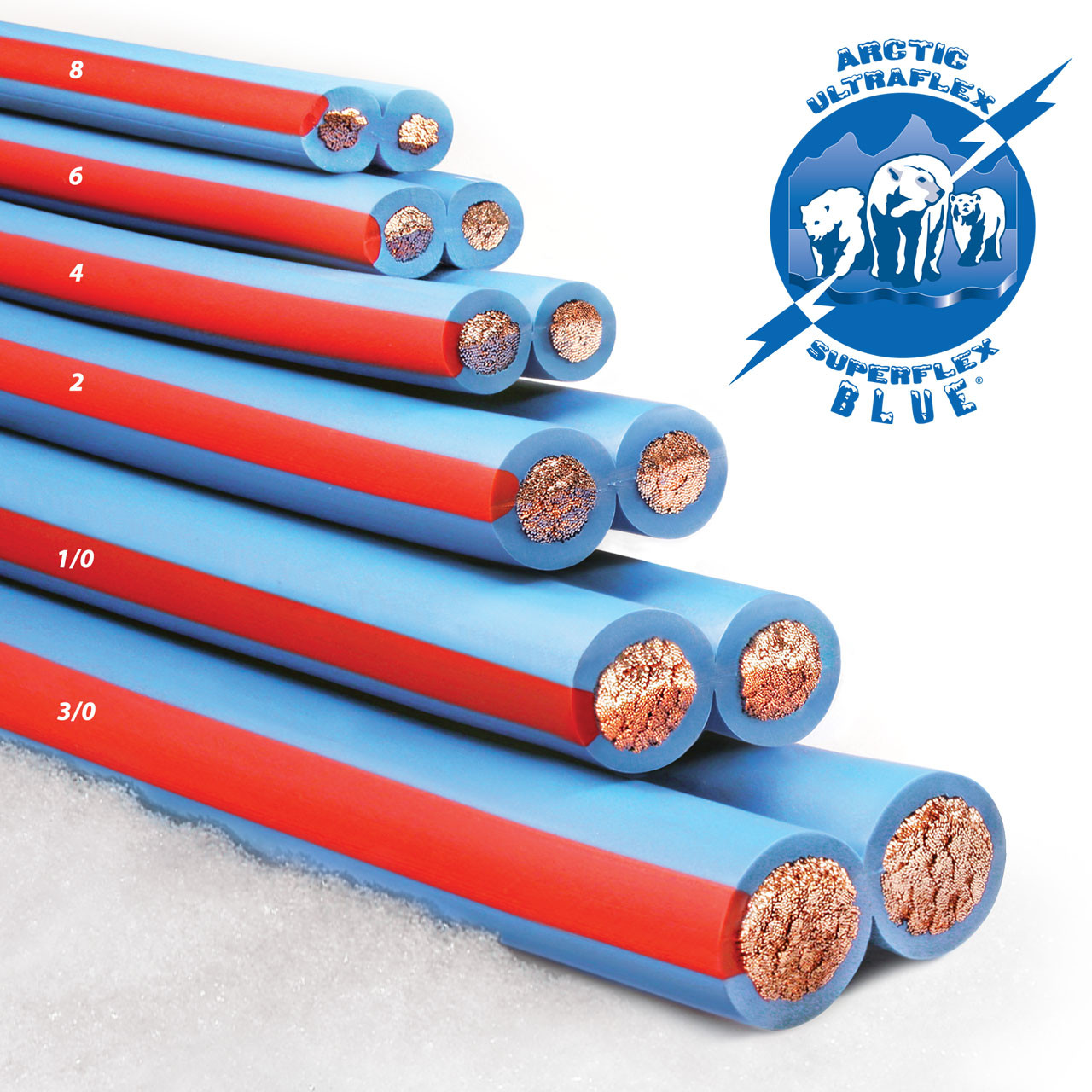 Arctic Superflex Blue double conductor wire is available in 8 AWG, 6 AWG, 4 AWG, 2 AWG, 1/0 AWG and 3/0 AWG sizes