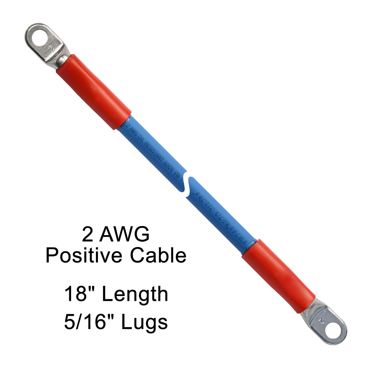 18" 2 AWG Positive Arctic Ultraflex Blue Battery Cable with 5/16" plated copper eyelet lugs and red dual wall adhesive lined heat shrink