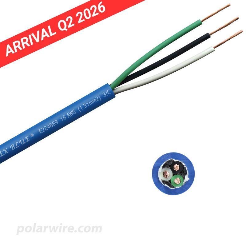 16 AWG 3 conductor Arctic Ultraflex Blue SEOOW Power Cord, 600 Volts, black, white, and green 100% copper conductors