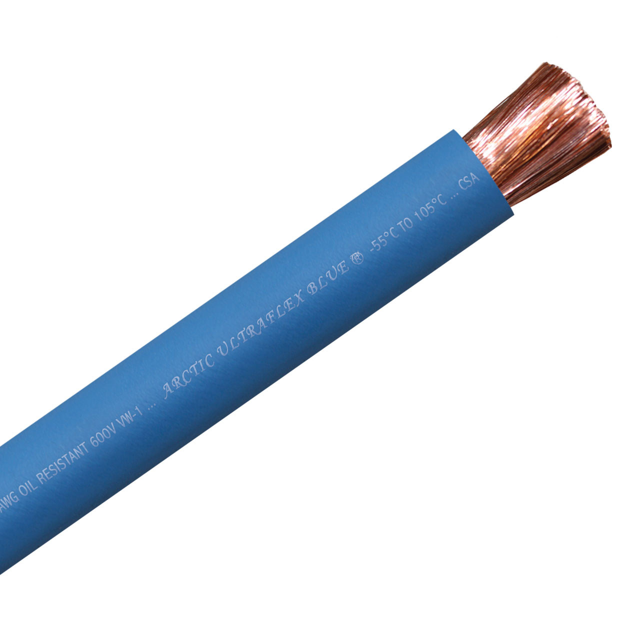 4/0 AWG blue 100% copper Arctic Ultraflex Blue flexible fine strand arctic grade wire is rated for use in extreme cold to -55C