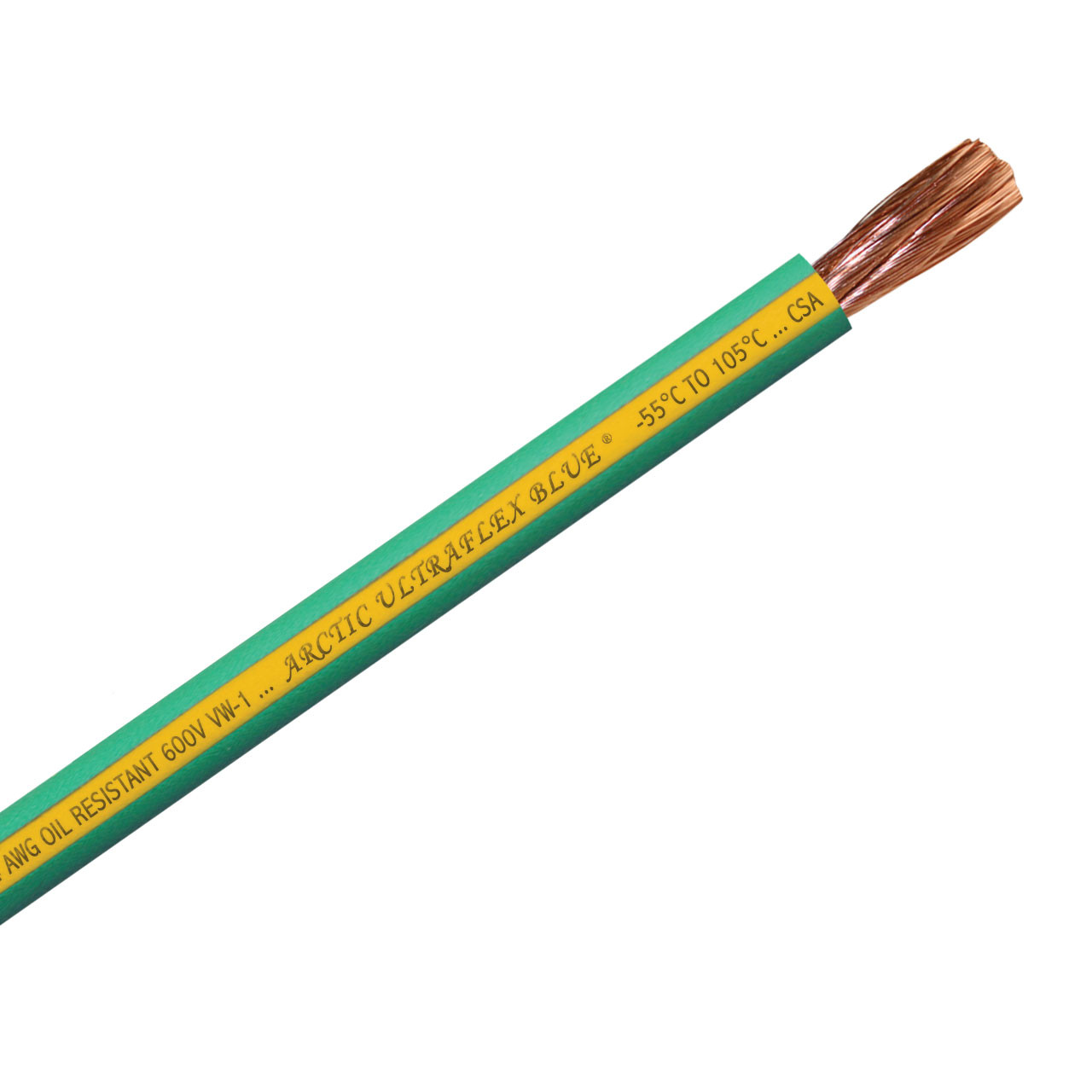 4 AWG green with yellow stripe 100% copper Arctic Ultraflex Blue flexible fine strand arctic grade wire is rated for use in extreme cold to -55C