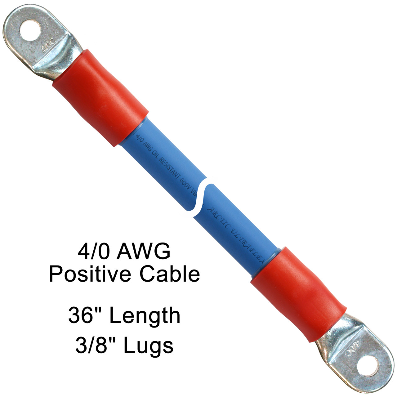 36" 4/0 AWG Arctic Ultraflex Blue Positive Battery Cable with 3/8" plated copper eyelet lugs and red heavy wall adhesive lined heat shrink