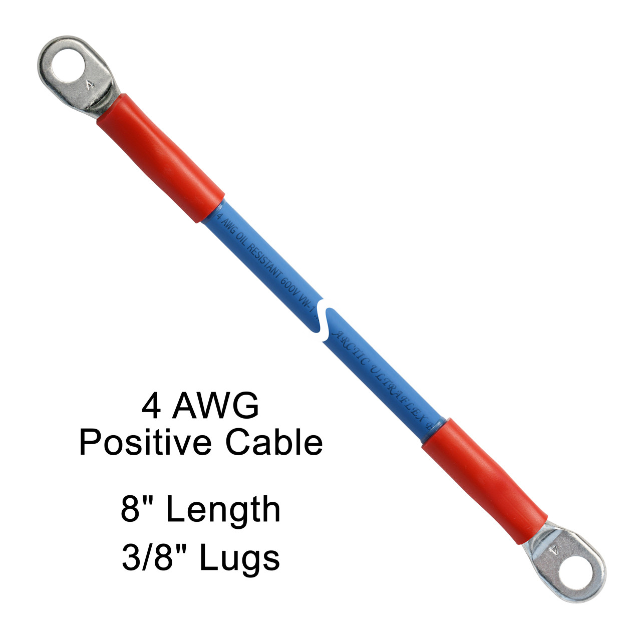 8" 4 AWG Arctic Ultraflex Blue Positive Battery Cable with 3/8" plated copper eyelet lugs and red dual wall adhesive lined heat shrink
