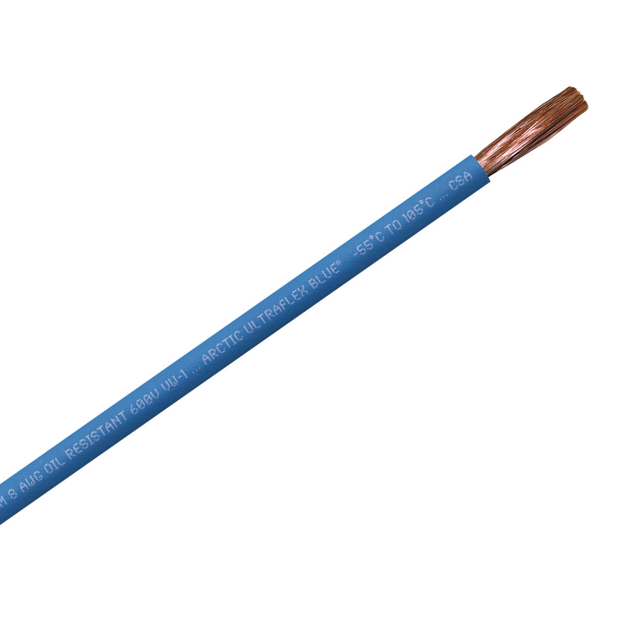 8 AWG blue 100% copper Arctic Ultraflex Blue flexible fine strand arctic grade wire is rated for use in extreme cold to -55C