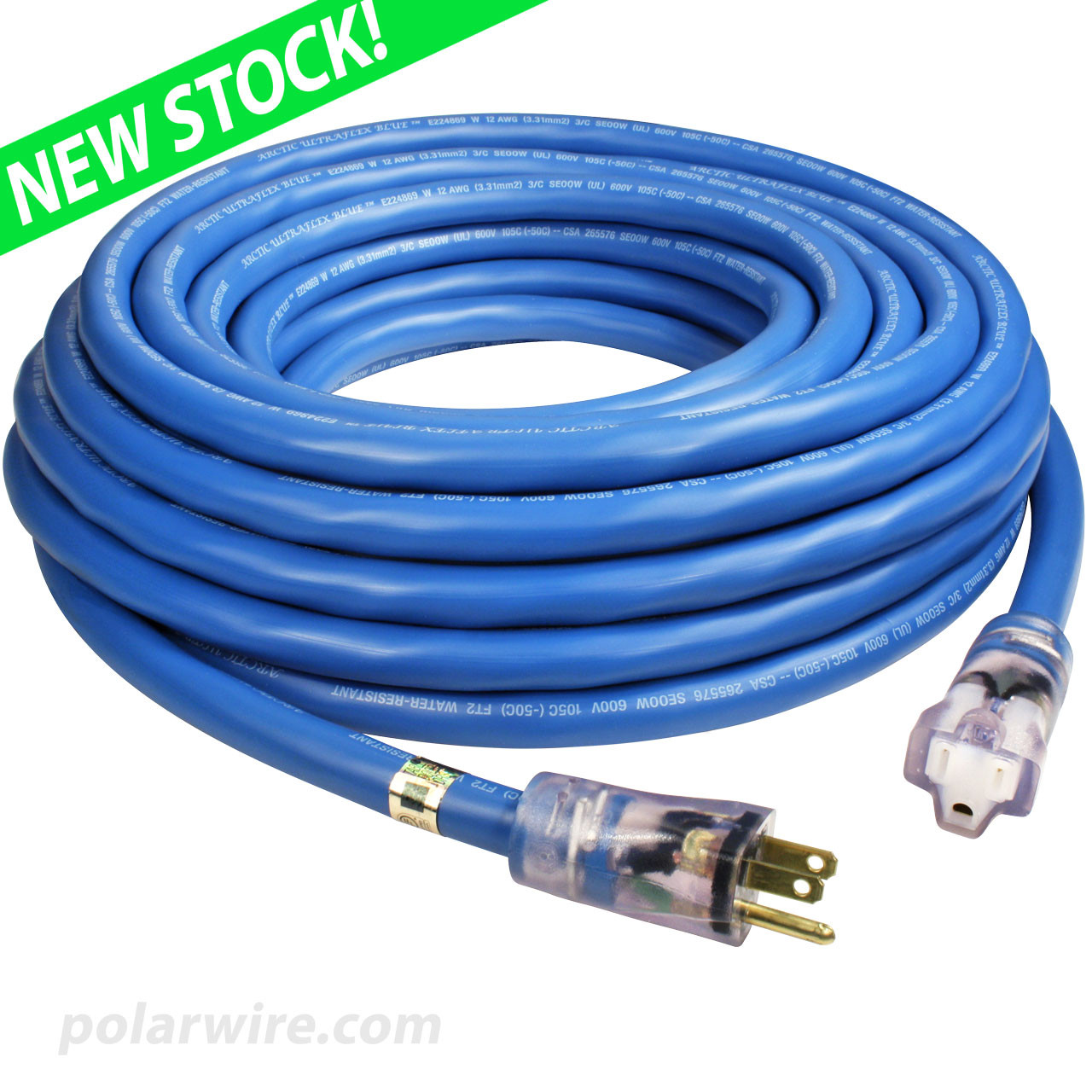 50 foot 12 gauge Arctic Ultraflex Blue extension cord single outlet power cord with molded clear NEMA 5-15 lighted ends