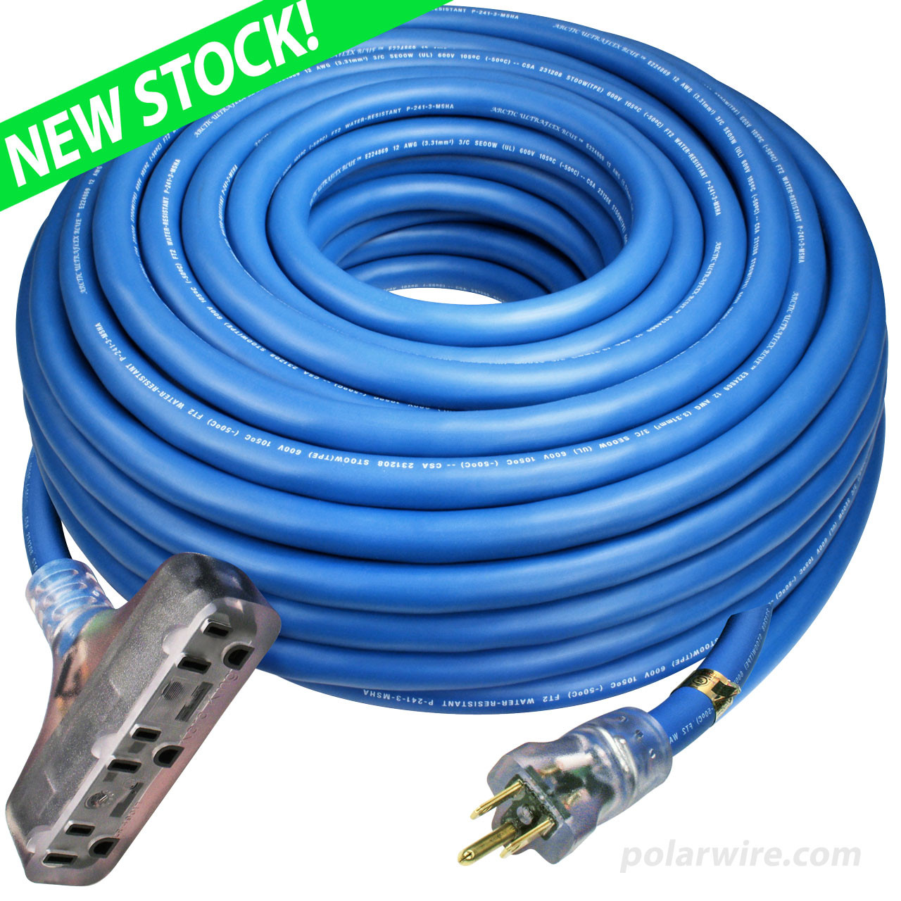100 foot 12 gauge Arctic Ultraflex Blue extension cord t-style triple outlet NEMA 5-15 lighted power cord