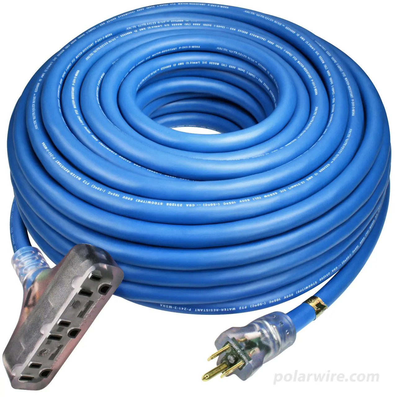 100 foot 12 gauge Arctic Ultraflex Blue extension cord t-style triple outlet NEMA 5-15 lighted power cord