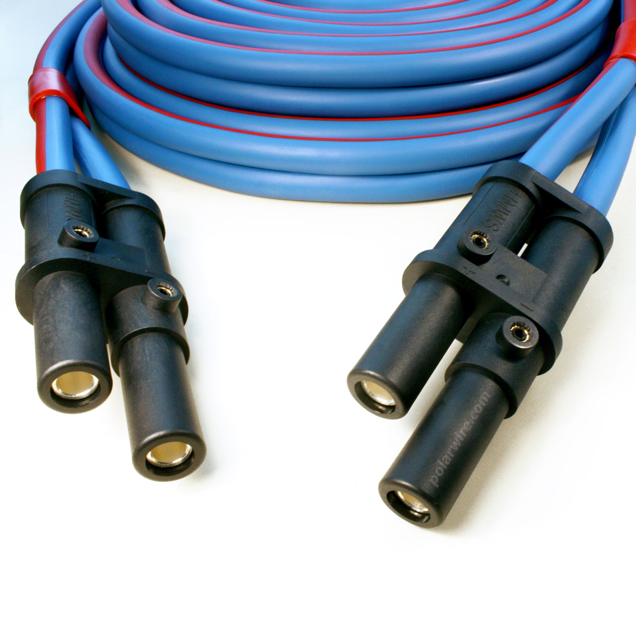 30 foot 1/0 gauge Arctic Ultraflex Blue plug to plug Jump Start cable fitted with J1238 plugs on both ends