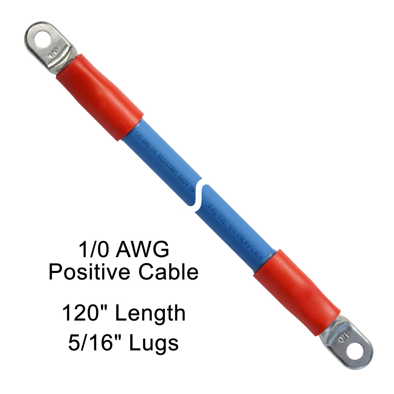120" 1/0 AWG Arctic Ultraflex Blue Positive Battery Cable with 5/16" plated copper eyelet lugs and red heavy wall adhesive lined heat shrink