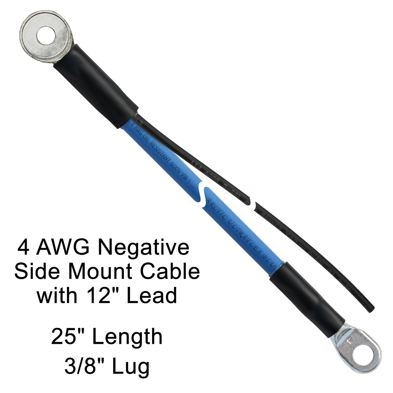 25 inch 4 AWG Arctic Ultraflex Blue Side Mount Negative Battery Cable with 12 inch black lead wire, plated copper side mount battery terminal, 3/8 inch stud copper lug, and black adhesive lined dual wall heat shrink SML-4-25N