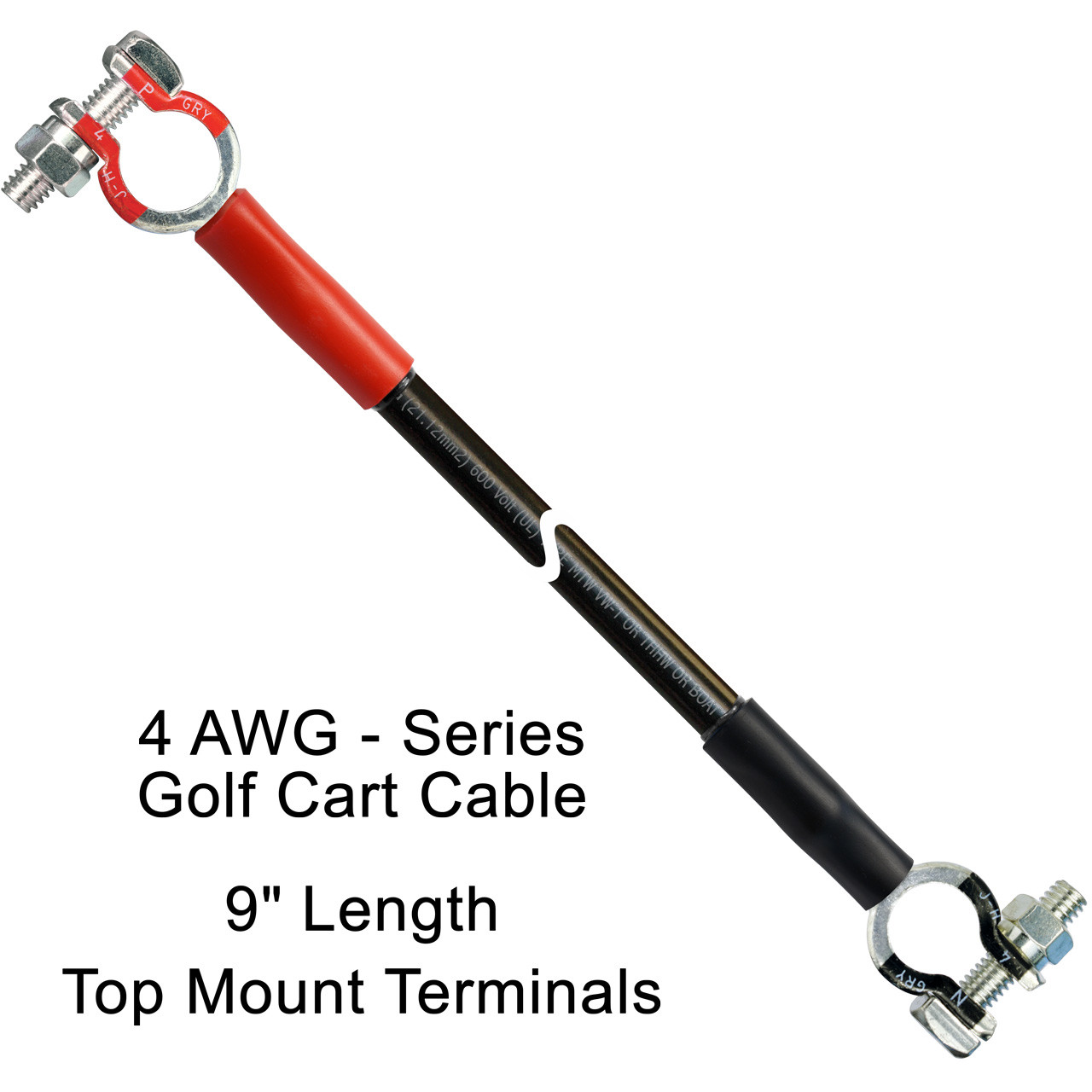 9 inch replacement Golf Cart Cable built with 4 AWG THHW 100% copper Flexible Fine Strand Battery Cable Wire, series positive to negative, Ecomax top mount battery terminals and dual wall adhesive lined heat shrink