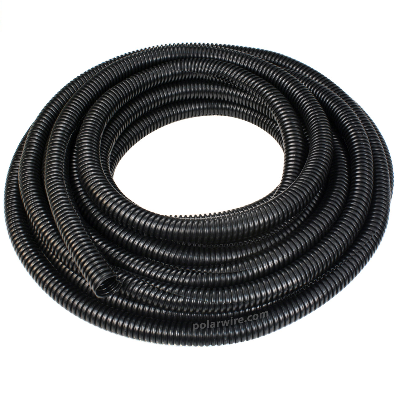 1/2 inch convoluted polyethylene split loom wraps wire bundles and protects against crushing, abrasion, and other damage