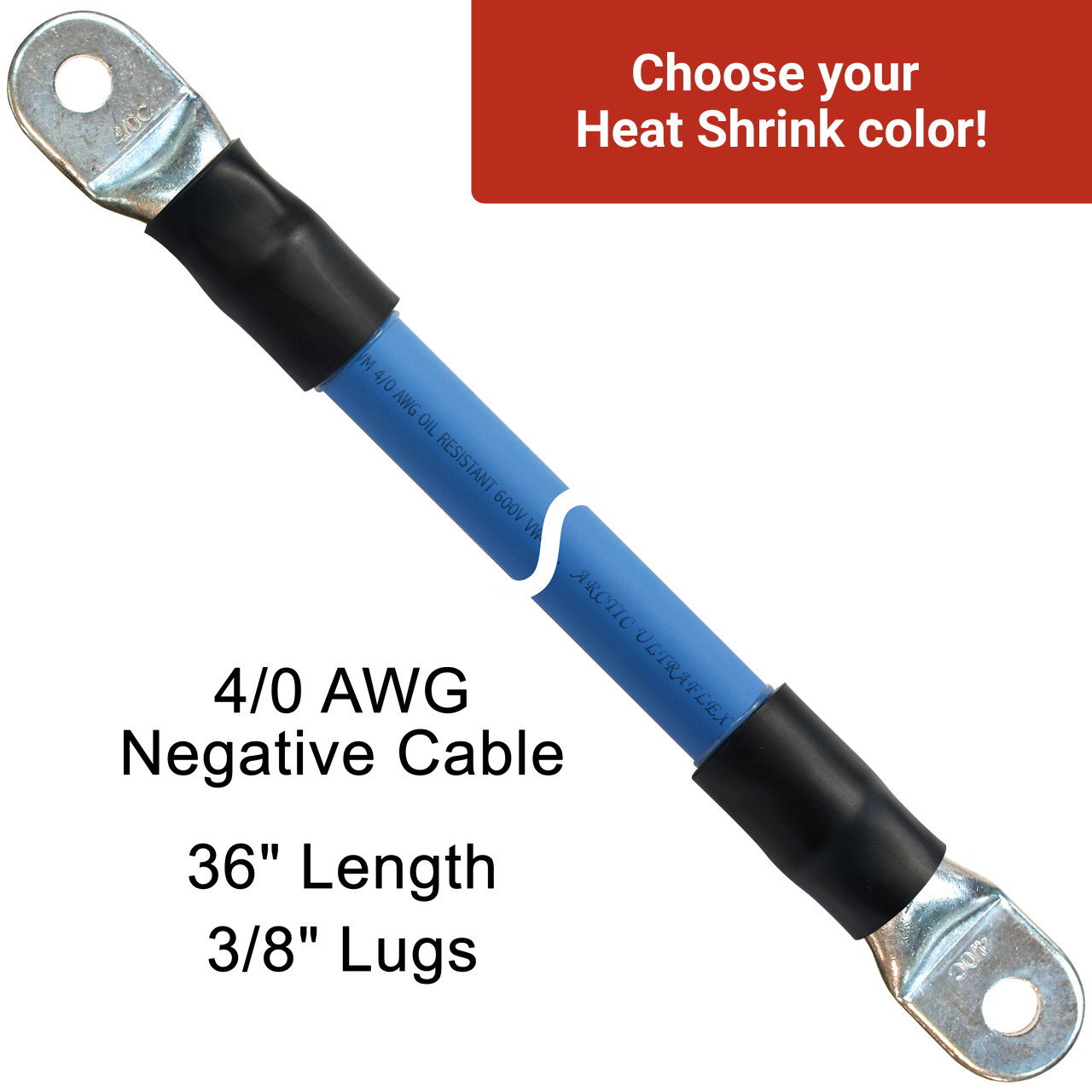 36" 4/0 AWG Arctic Ultraflex Blue Negative Battery Cable with 3/8" plated copper eyelet lugs and red heavy wall adhesive lined heat shrink 36" 4/0 AWG Arctic Ultraflex Blue Negative Battery Cable with 3/8" plated copper eyelet lugs and red heavy wall adhesive lined heat shrink