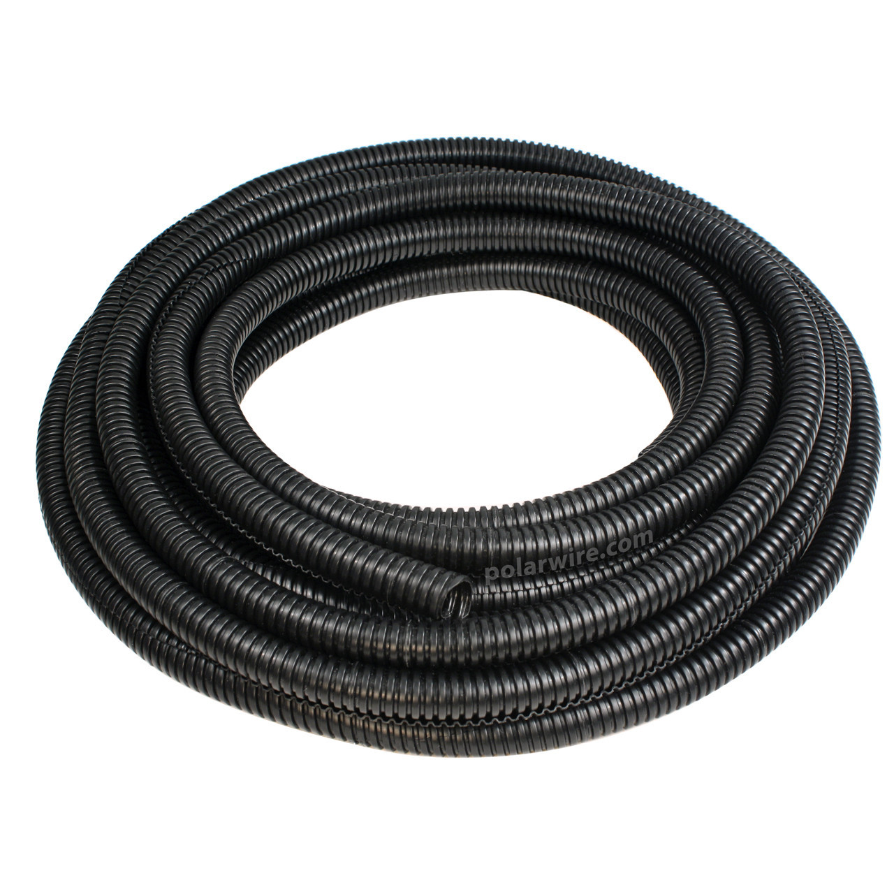 3/8 inch convoluted polyethylene split loom wraps wire bundles and protects against crushing, abrasion, and other damage