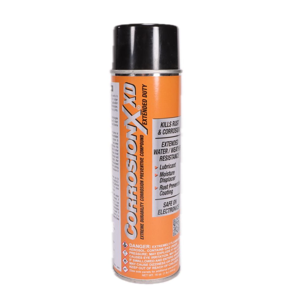 CorrosionX XD 16 oz aerosol can — kills rust and corrosion with extended water and weather resistance; lubricant, moisture displacer, and rust preventive coating, safe on electronics.