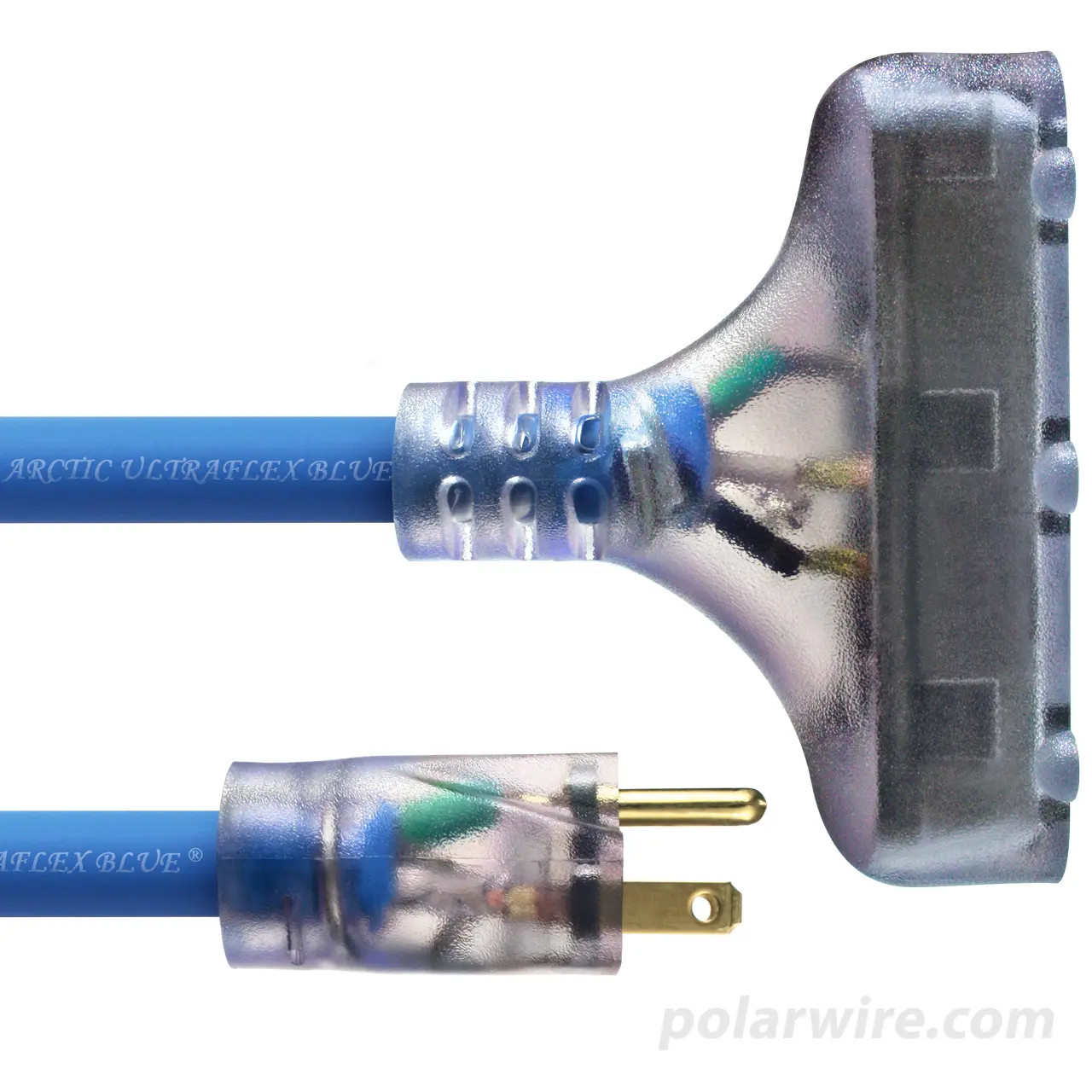 Arctic Ultraflex Blue triple outlet power cords feature  steel retaining rings securely crimped to the cord and molded into the NEMA 5-15 ends to add strength and prevent pull out