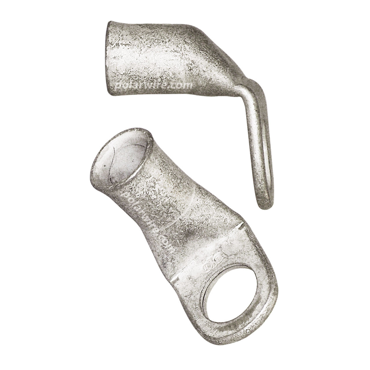 Plated copper eyelet lug, 2/0 AWG, 1/2 inch stud, 90 degree