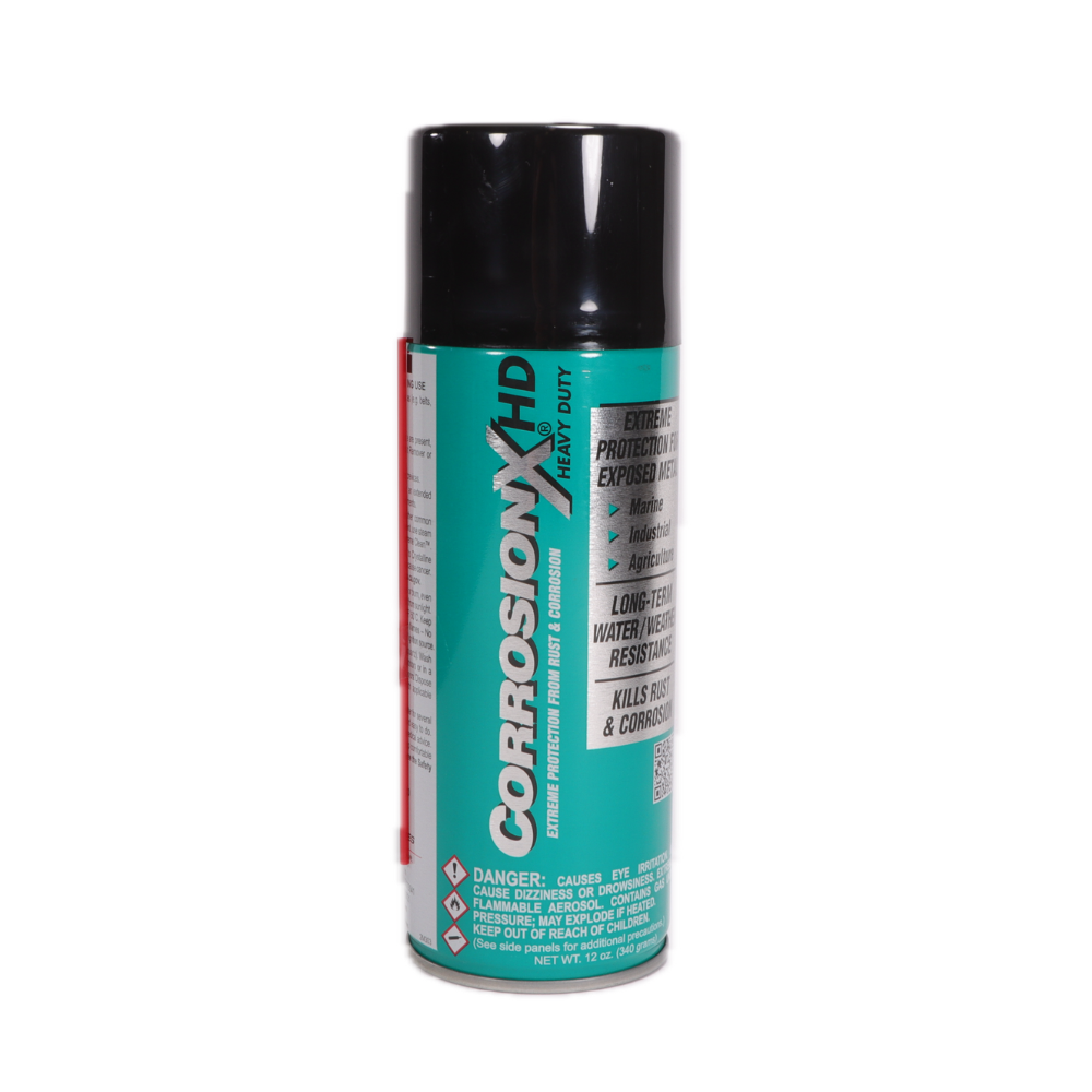 CorrosionX HD 12 oz aerosol can — heavy duty thick film corrosion inhibitor with extreme protection for exposed metal in marine, industrial, and agricultural applications.