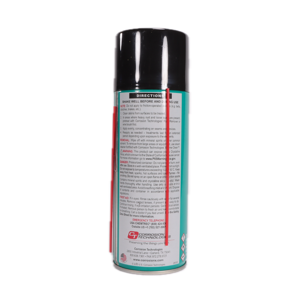 CorrosionX HD product label detail — suggested applications for marine, auto and trailer, industrial, and agricultural use.