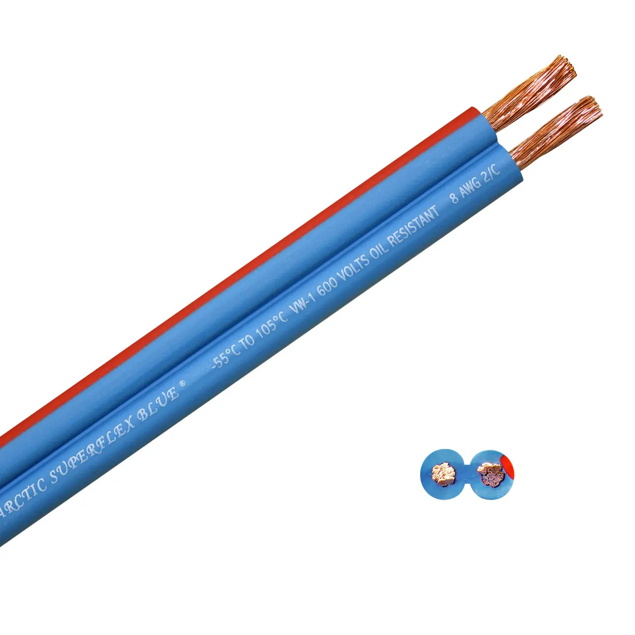 100 foot spool Arctic Superflex Blue 8 gauge flexible, fine stranded 100% copper parallel bonded double conductor wire is made in the USA