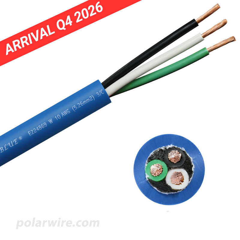 10 AWG 3 conductor Arctic Ultraflex Blue SEOOW Power Cord, 600 Volts, black, white, and green 100% copper conductors